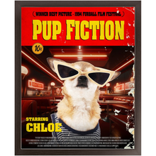 Load image into Gallery viewer, PUP FICTION Movie Poster - Pulp Fiction Inspired Custom Pet Portrait Framed Satin Paper Print