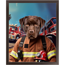 Load image into Gallery viewer, HOT STUFF - Fireman Inspired Custom Pet Portrait Framed Satin Paper Print