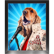 Load image into Gallery viewer, Blue Suede Chew Toy - Elvis Presley, Rock & Roll Inspired Custom Pet Portrait Framed Satin Paper Print