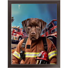 Load image into Gallery viewer, HOT STUFF - Fireman Inspired Custom Pet Portrait Framed Satin Paper Print