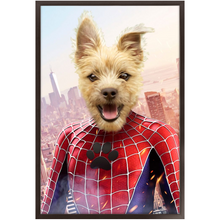 Load image into Gallery viewer, Spider Mutt - Spiderman Superhero Inspired Custom Pet Portrait Framed Satin Paper Print