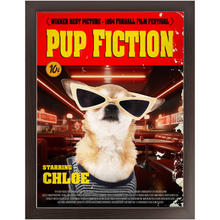 Load image into Gallery viewer, PUP FICTION Movie Poster - Pulp Fiction Inspired Custom Pet Portrait Framed Satin Paper Print