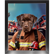 Load image into Gallery viewer, HOT STUFF - Fireman Inspired Custom Pet Portrait Framed Satin Paper Print