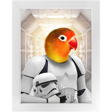 Load image into Gallery viewer, Storm Blooper - Storm Trooper & Star Wars Inspired Custom Pet Portrait Framed Satin Paper Print