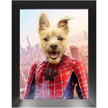 Load image into Gallery viewer, Spider Mutt - Spiderman Superhero Inspired Custom Pet Portrait Framed Satin Paper Print