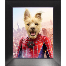 Load image into Gallery viewer, Spider Mutt - Spiderman Superhero Inspired Custom Pet Portrait Framed Satin Paper Print