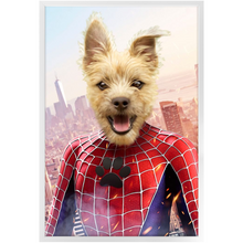 Load image into Gallery viewer, Spider Mutt - Spiderman Superhero Inspired Custom Pet Portrait Framed Satin Paper Print