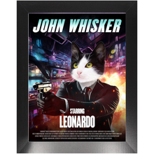 Load image into Gallery viewer, JOHN WHISKER Movie Poster - John Wick Inspired Custom Pet Portrait Framed Satin Paper Print