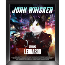 Load image into Gallery viewer, JOHN WHISKER Movie Poster - John Wick Inspired Custom Pet Portrait Framed Satin Paper Print