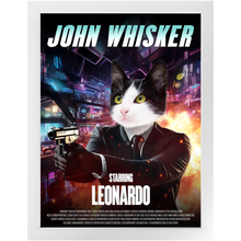 Load image into Gallery viewer, JOHN WHISKER Movie Poster - John Wick Inspired Custom Pet Portrait Framed Satin Paper Print