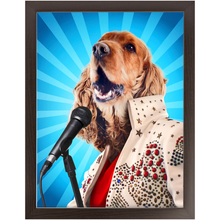 Load image into Gallery viewer, Blue Suede Chew Toy - Elvis Presley, Rock & Roll Inspired Custom Pet Portrait Framed Satin Paper Print