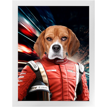 Load image into Gallery viewer, CHASING CARS - Race Car Driver Inspired Custom Pet Portrait Framed Satin Paper Print