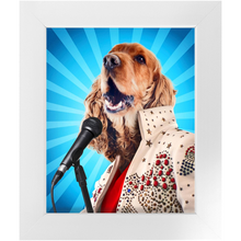 Load image into Gallery viewer, Blue Suede Chew Toy - Elvis Presley, Rock & Roll Inspired Custom Pet Portrait Framed Satin Paper Print