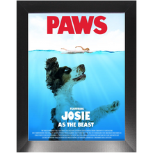 Load image into Gallery viewer, PAWS Movie Poster - Jaws Inspired Custom Pet Portrait Framed Satin Paper Print