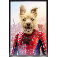 Load image into Gallery viewer, Spider Mutt - Spiderman Superhero Inspired Custom Pet Portrait Framed Satin Paper Print