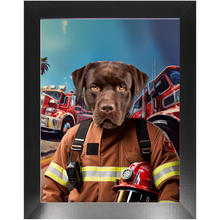 Load image into Gallery viewer, HOT STUFF - Fireman Inspired Custom Pet Portrait Framed Satin Paper Print