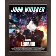 Load image into Gallery viewer, JOHN WHISKER Movie Poster - John Wick Inspired Custom Pet Portrait Framed Satin Paper Print