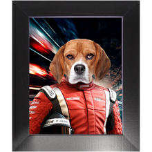 Load image into Gallery viewer, CHASING CARS - Race Car Driver Inspired Custom Pet Portrait Framed Satin Paper Print