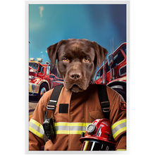 Load image into Gallery viewer, HOT STUFF - Fireman Inspired Custom Pet Portrait Framed Satin Paper Print