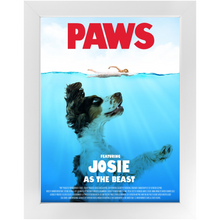 Load image into Gallery viewer, PAWS Movie Poster - Jaws Inspired Custom Pet Portrait Framed Satin Paper Print