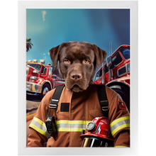 Load image into Gallery viewer, HOT STUFF - Fireman Inspired Custom Pet Portrait Framed Satin Paper Print