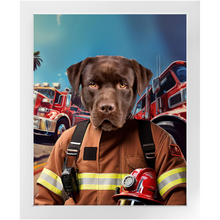 Load image into Gallery viewer, HOT STUFF - Fireman Inspired Custom Pet Portrait Framed Satin Paper Print