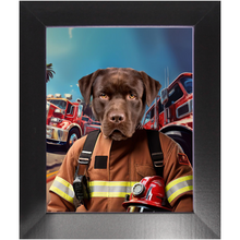 Load image into Gallery viewer, HOT STUFF - Fireman Inspired Custom Pet Portrait Framed Satin Paper Print