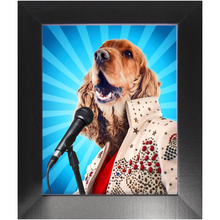 Load image into Gallery viewer, Blue Suede Chew Toy - Elvis Presley, Rock & Roll Inspired Custom Pet Portrait Framed Satin Paper Print