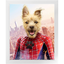 Load image into Gallery viewer, Spider Mutt - Spiderman Superhero Inspired Custom Pet Portrait Framed Satin Paper Print