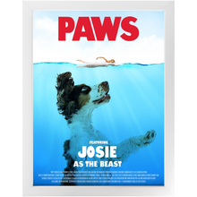 Load image into Gallery viewer, PAWS Movie Poster - Jaws Inspired Custom Pet Portrait Framed Satin Paper Print