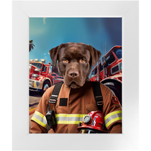 Load image into Gallery viewer, HOT STUFF - Fireman Inspired Custom Pet Portrait Framed Satin Paper Print