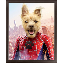 Load image into Gallery viewer, Spider Mutt - Spiderman Superhero Inspired Custom Pet Portrait Framed Satin Paper Print