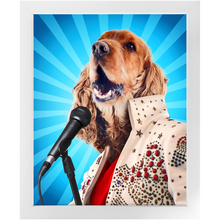 Load image into Gallery viewer, Blue Suede Chew Toy - Elvis Presley, Rock & Roll Inspired Custom Pet Portrait Framed Satin Paper Print