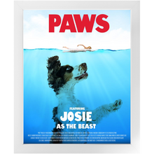 Load image into Gallery viewer, PAWS Movie Poster - Jaws Inspired Custom Pet Portrait Framed Satin Paper Print