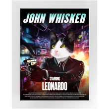 Load image into Gallery viewer, JOHN WHISKER Movie Poster - John Wick Inspired Custom Pet Portrait Framed Satin Paper Print
