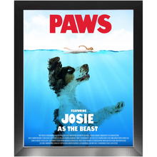 Load image into Gallery viewer, PAWS Movie Poster - Jaws Inspired Custom Pet Portrait Framed Satin Paper Print