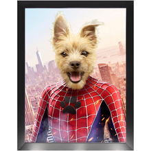 Load image into Gallery viewer, Spider Mutt - Spiderman Superhero Inspired Custom Pet Portrait Framed Satin Paper Print
