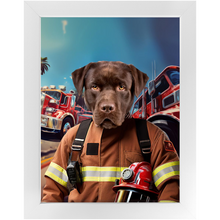 Load image into Gallery viewer, HOT STUFF - Fireman Inspired Custom Pet Portrait Framed Satin Paper Print