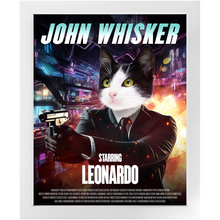 Load image into Gallery viewer, JOHN WHISKER Movie Poster - John Wick Inspired Custom Pet Portrait Framed Satin Paper Print