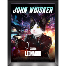 Load image into Gallery viewer, JOHN WHISKER Movie Poster - John Wick Inspired Custom Pet Portrait Framed Satin Paper Print