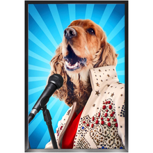 Load image into Gallery viewer, Blue Suede Chew Toy - Elvis Presley, Rock & Roll Inspired Custom Pet Portrait Framed Satin Paper Print