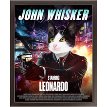 Load image into Gallery viewer, JOHN WHISKER Movie Poster - John Wick Inspired Custom Pet Portrait Framed Satin Paper Print