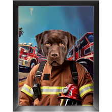 Load image into Gallery viewer, HOT STUFF - Fireman Inspired Custom Pet Portrait Framed Satin Paper Print