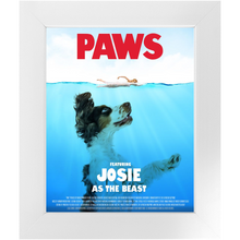 Load image into Gallery viewer, PAWS Movie Poster - Jaws Inspired Custom Pet Portrait Framed Satin Paper Print