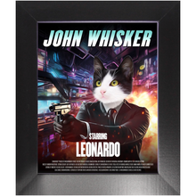 Load image into Gallery viewer, JOHN WHISKER Movie Poster - John Wick Inspired Custom Pet Portrait Framed Satin Paper Print