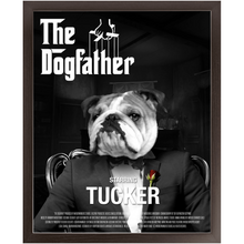 Load image into Gallery viewer, THE DOGFATHER Movie Poster - The Godfather Inspired Custom Pet Portrait Framed Satin Paper Print