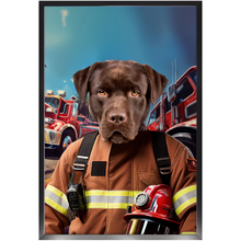 Load image into Gallery viewer, HOT STUFF - Fireman Inspired Custom Pet Portrait Framed Satin Paper Print