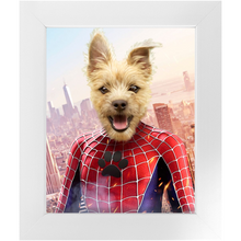 Load image into Gallery viewer, Spider Mutt - Spiderman Superhero Inspired Custom Pet Portrait Framed Satin Paper Print