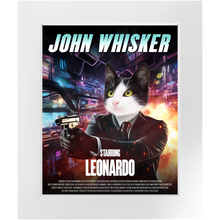 Load image into Gallery viewer, JOHN WHISKER Movie Poster - John Wick Inspired Custom Pet Portrait Framed Satin Paper Print