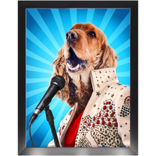 Load image into Gallery viewer, Blue Suede Chew Toy - Elvis Presley, Rock & Roll Inspired Custom Pet Portrait Framed Satin Paper Print